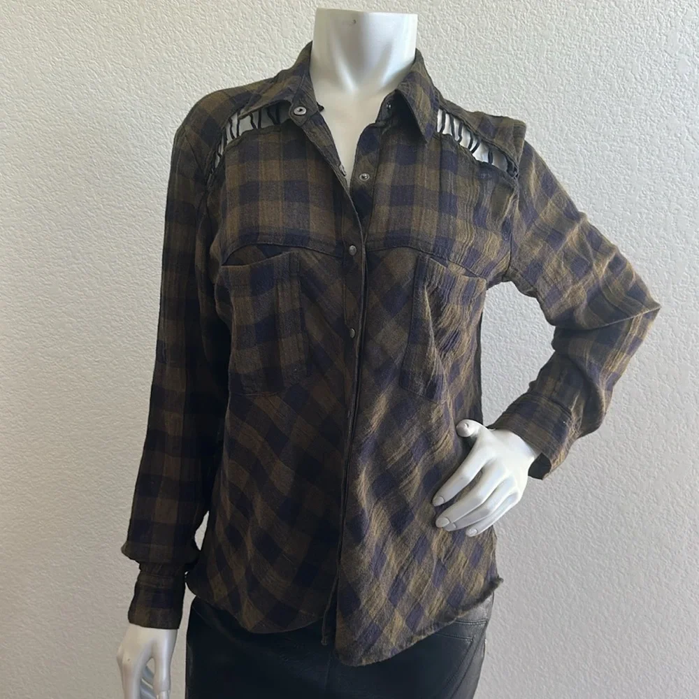 Free People Lace Up Plaid Navy Combo